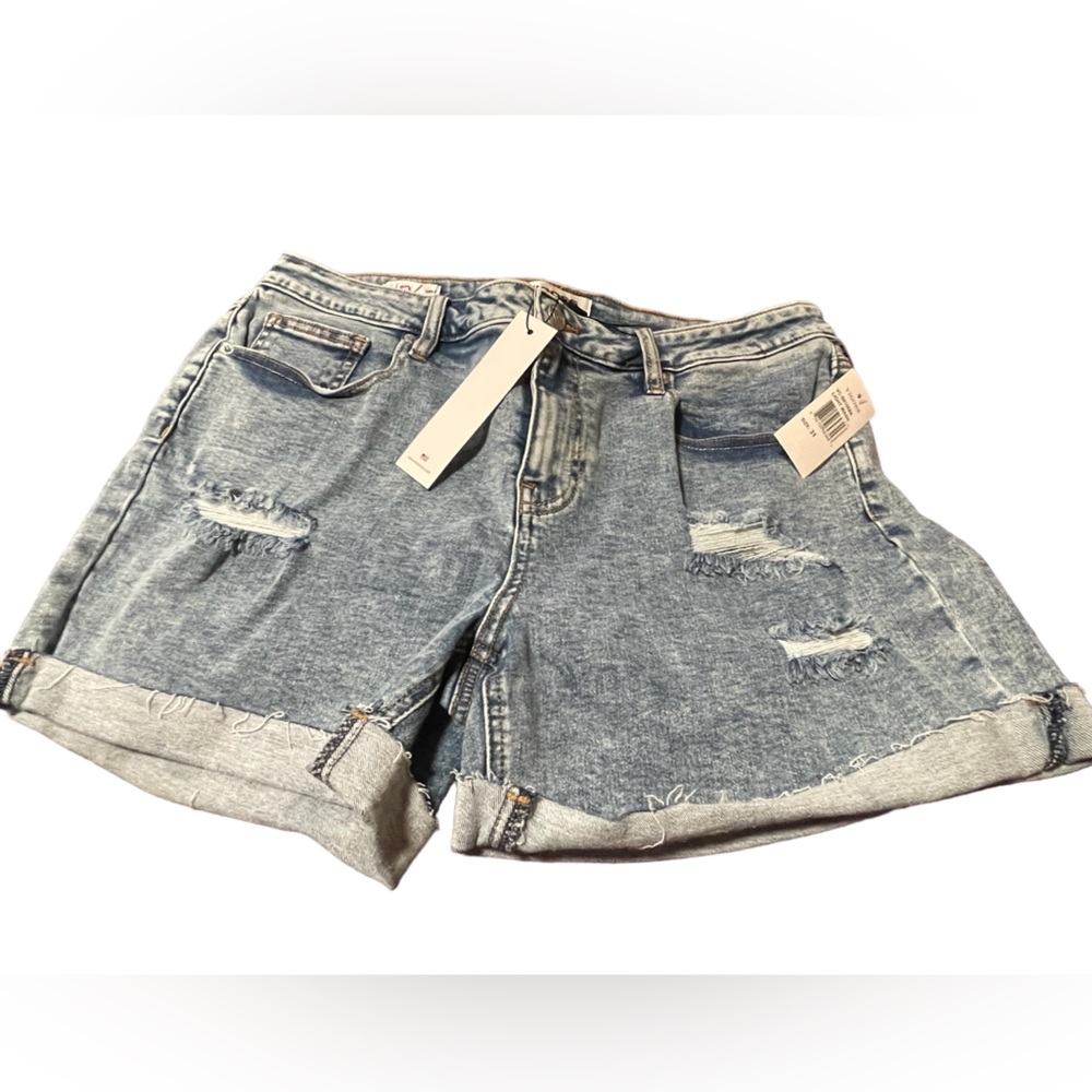 Lightwashed Marley denim shorts. Frayed and distressed